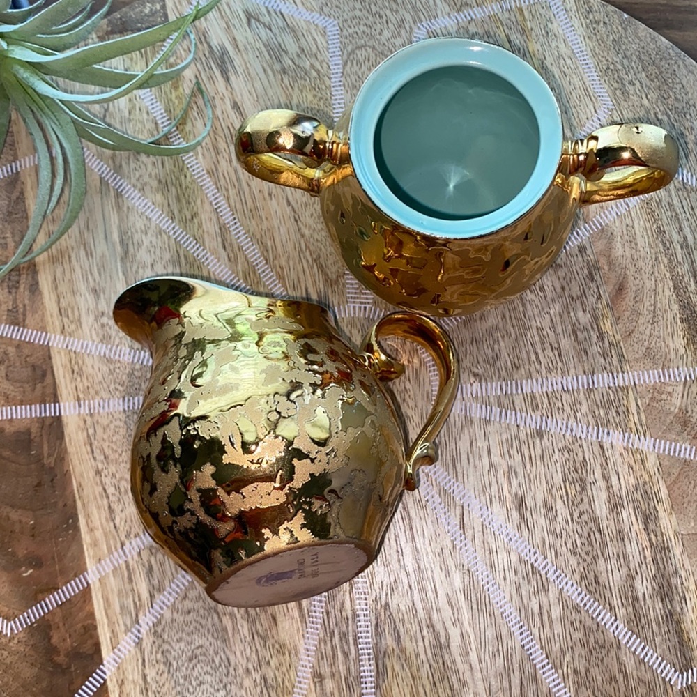 Cameron Clay Pottery Weeping gold cream & sugar bowl set 24k gold plated